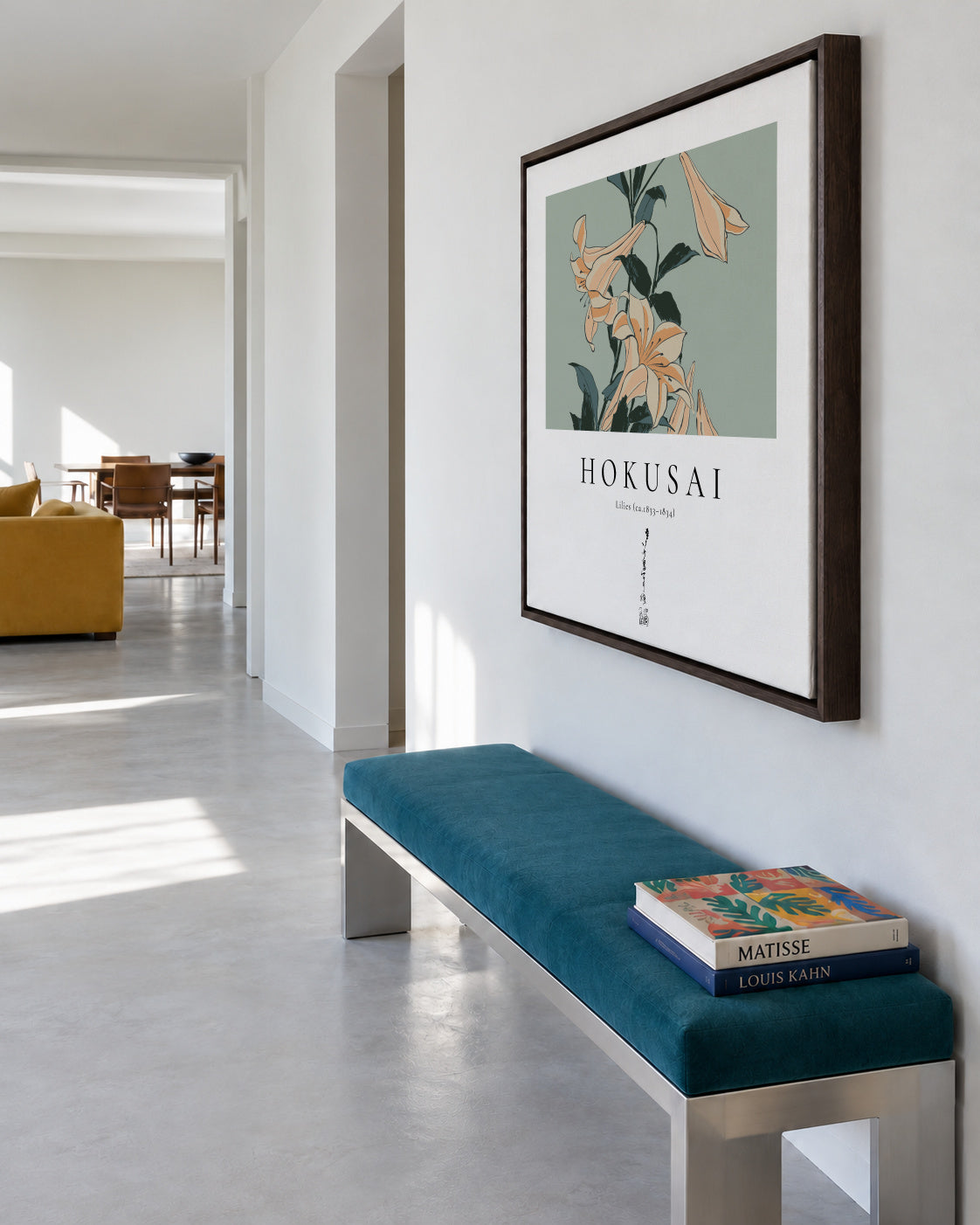 lilies by Katsushika Hokusai - Square - Framed canvas in an interior