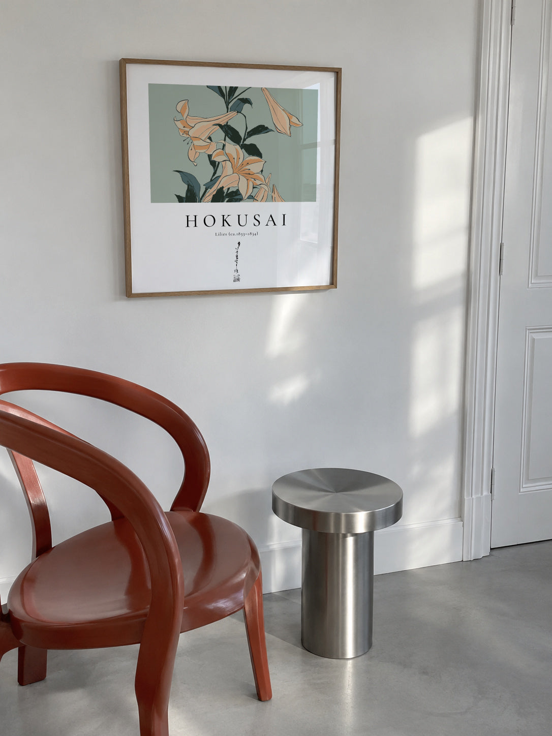 lilies by Katsushika Hokusai - Square - Framed poster in an interior