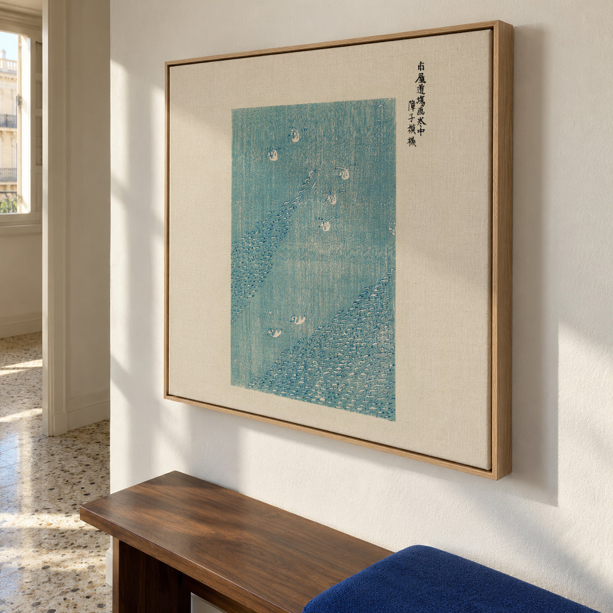 Blue Birds Woodblock print from Yatsuo no tsubaki by Taguchi Tomoki - Square - Framed canvas in an interior