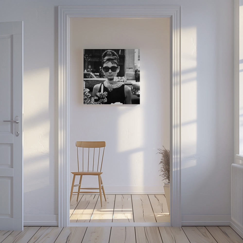 Audrey Hepburn in Breakfast at Tiffany vintage photograph. - Square - Unframed canvas in an interior