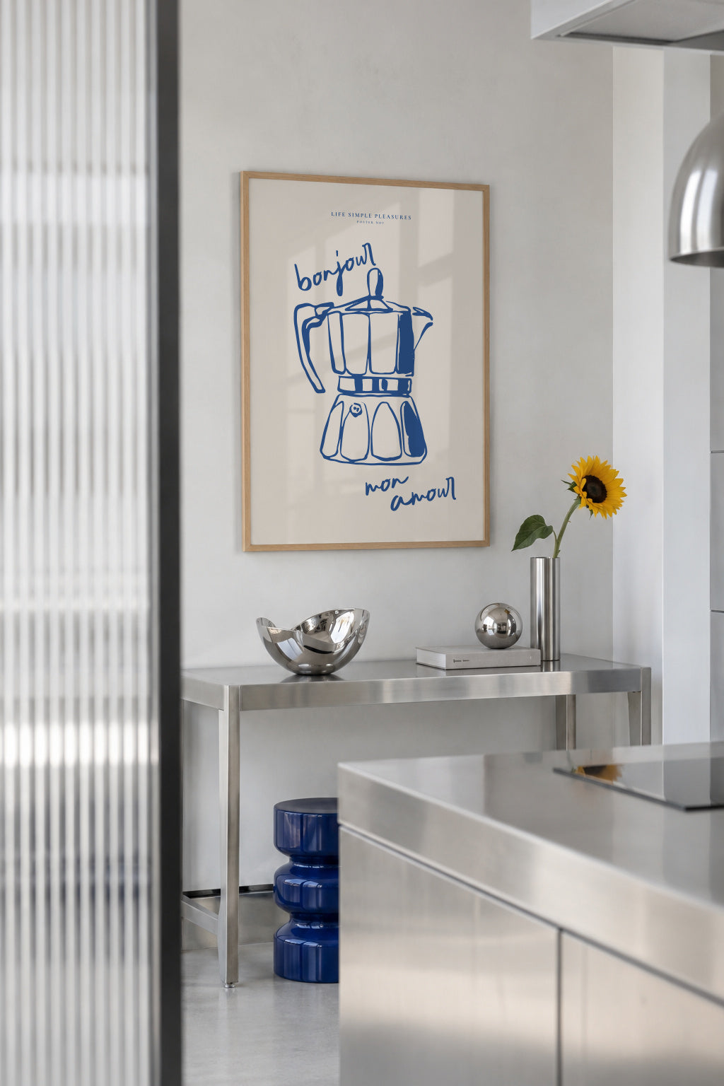Life Simple simple pleasures - Bonjour mon amour - Framed poster in an interior