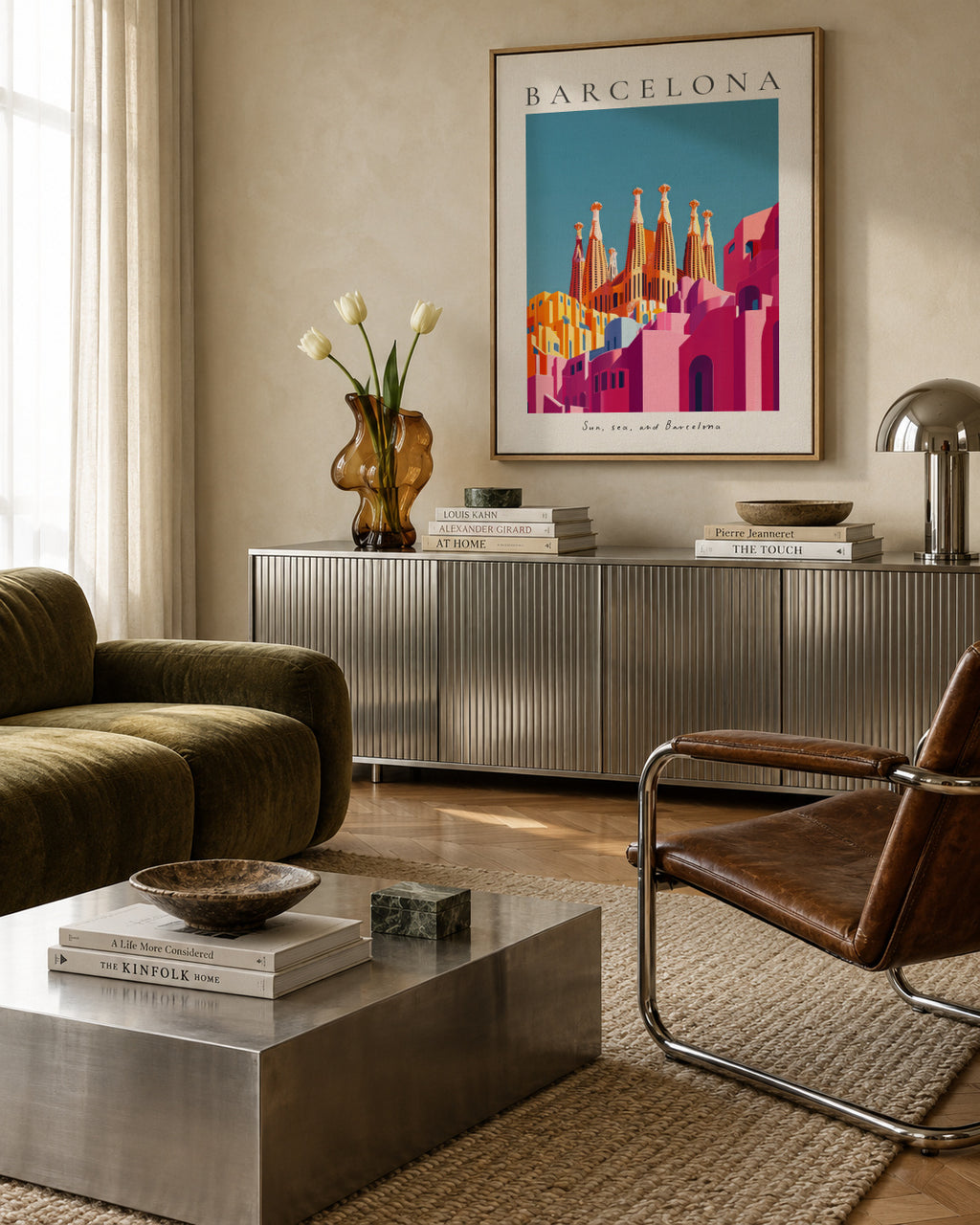 Sun, Sea and Barcelona - Framed canvas in an interior