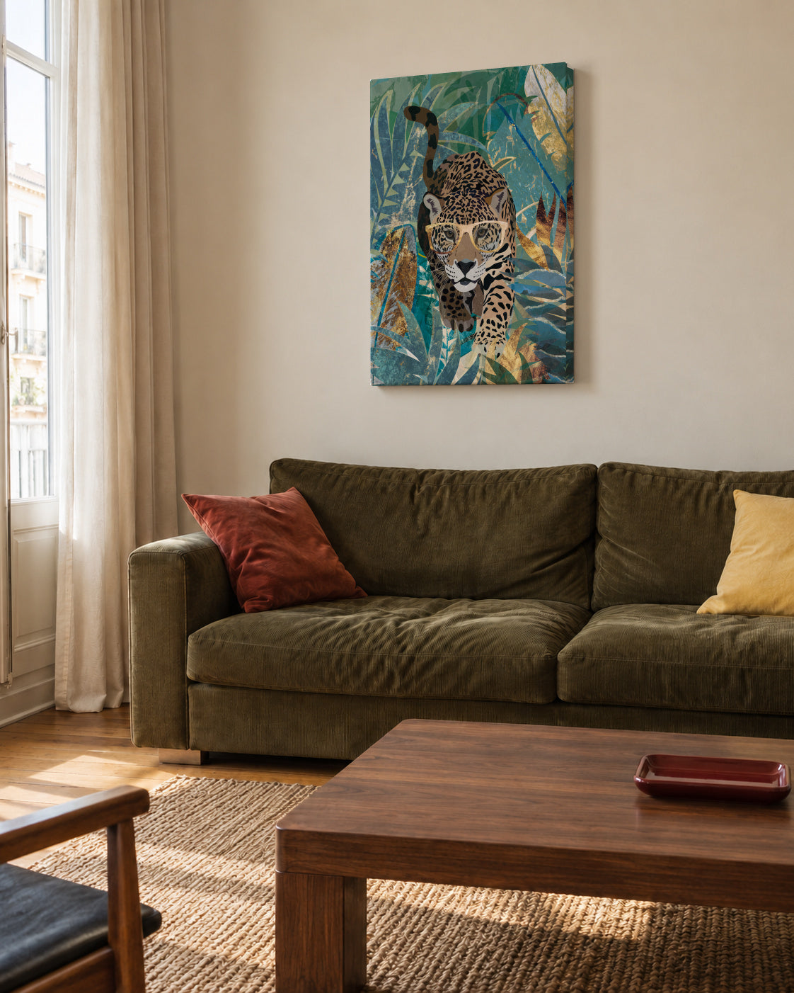 Curious jaguar in the jungle - Unframed canvas in an interior