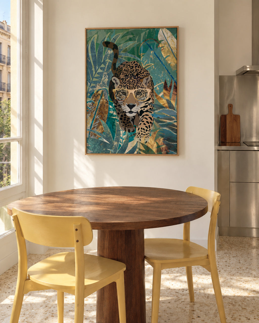 Curious jaguar in the jungle - Framed canvas in an interior