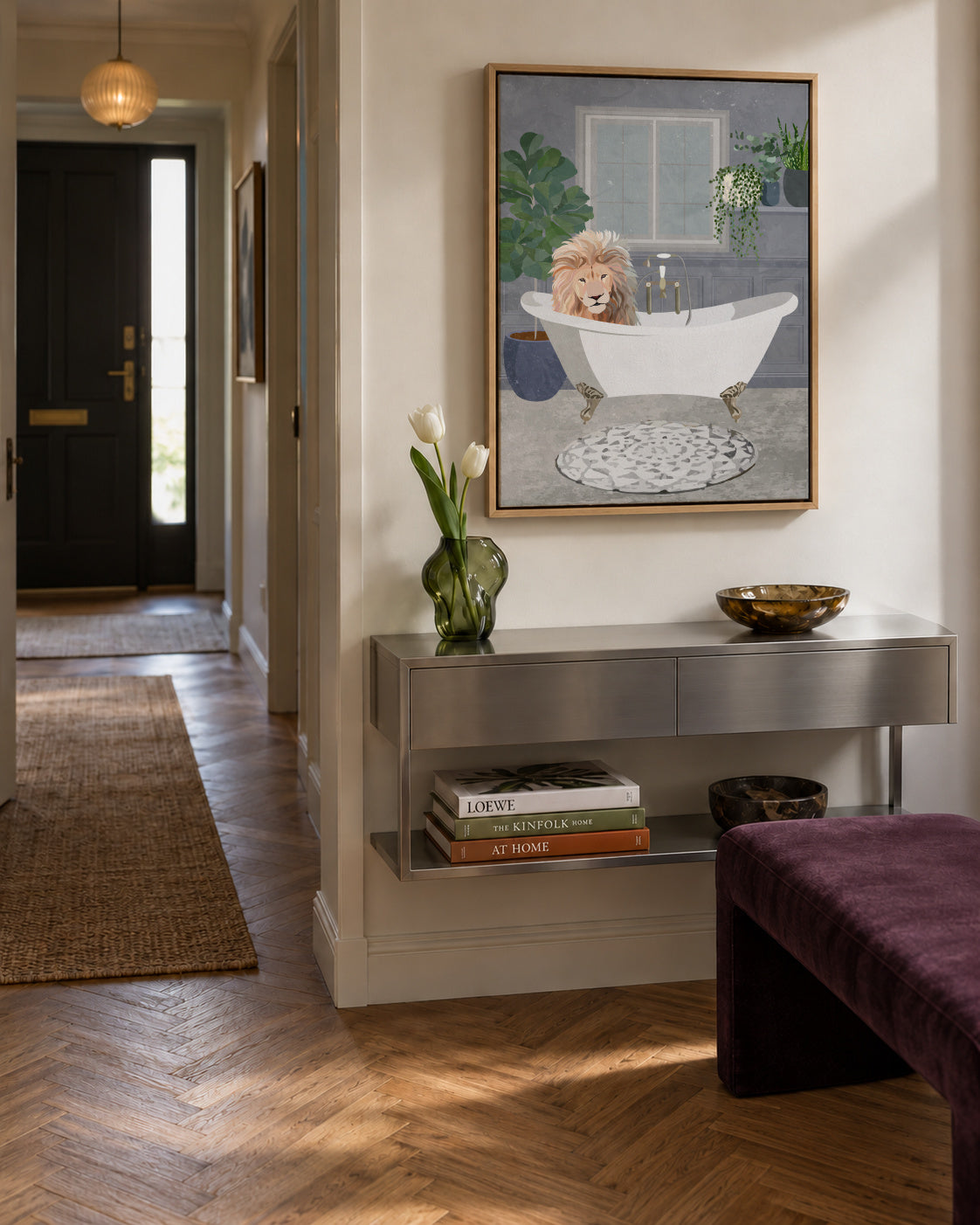 Lion takes a bath - Framed canvas in an interior