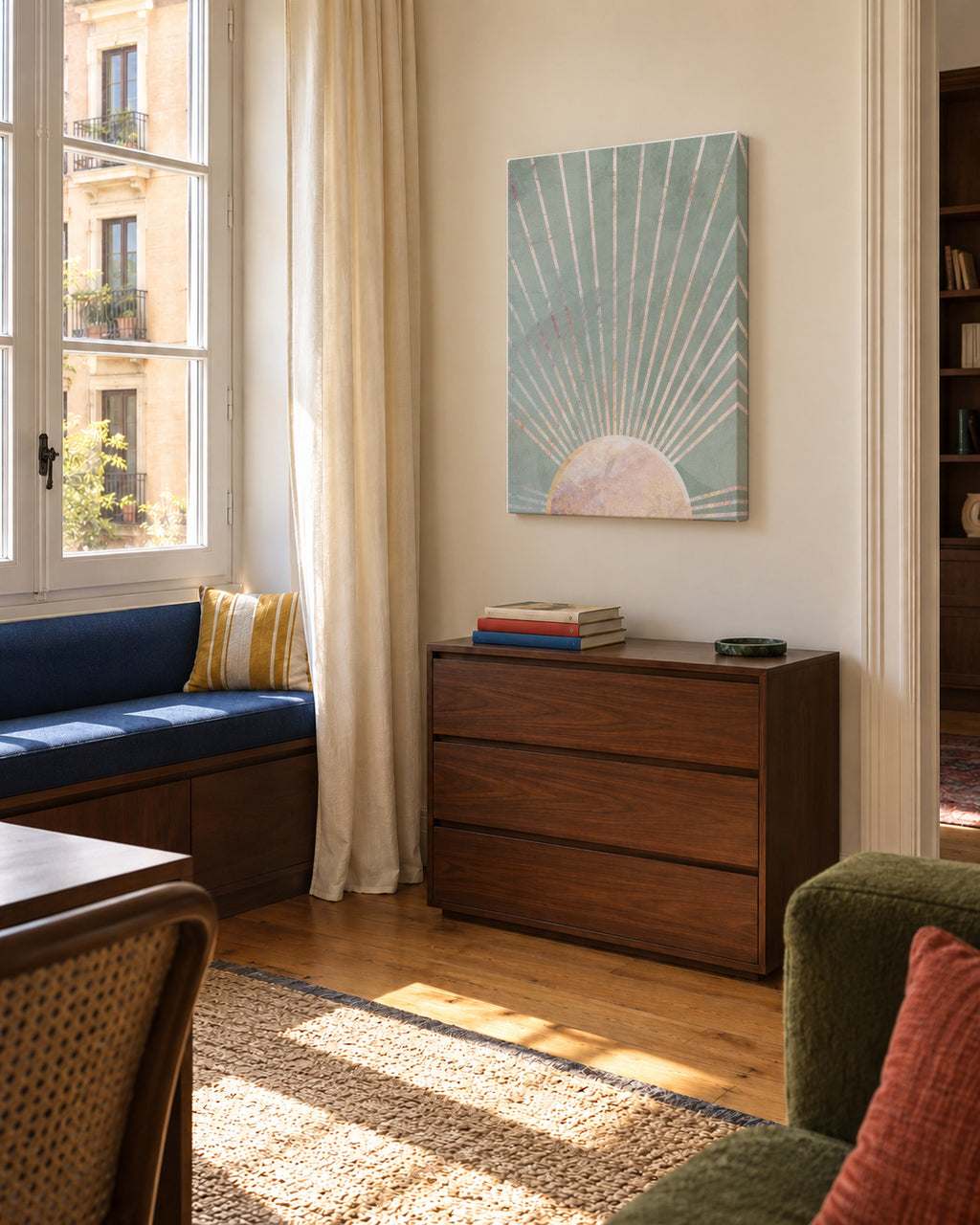 Sage green Boho Sunrise 1 - Unframed canvas in an interior