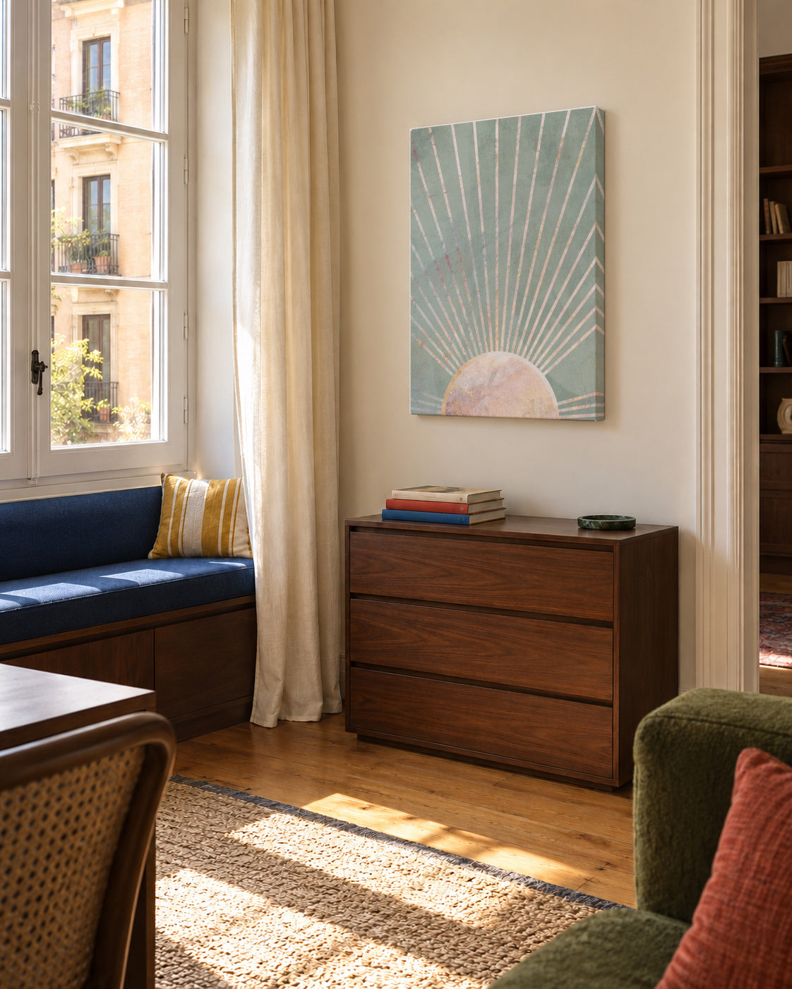 Sage green Boho Sunrise 1 - Unframed canvas in an interior