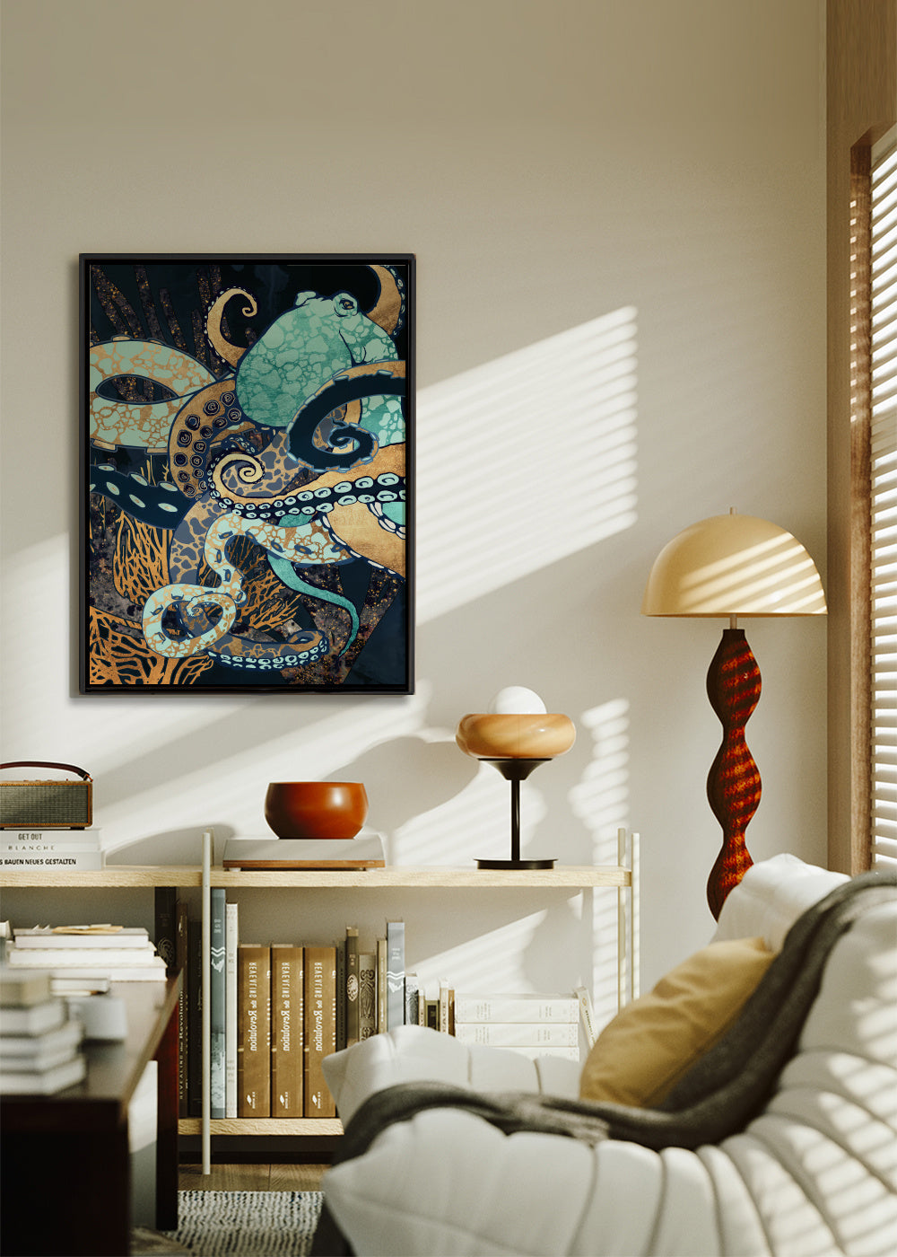 Metallic Octopus II - Framed canvas in an interior