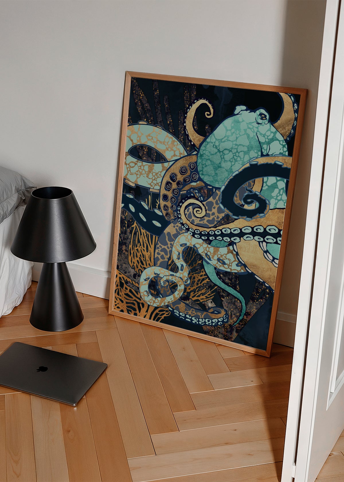 Metallic Octopus II - Framed poster in an interior