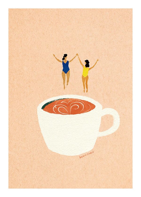 Arte da cucina con tazza e bagnanti