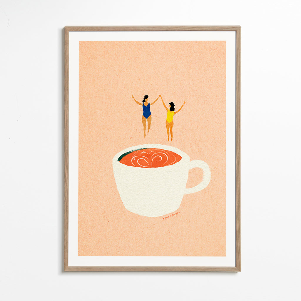 Arte da cucina con tazza e bagnanti – Oak Frame