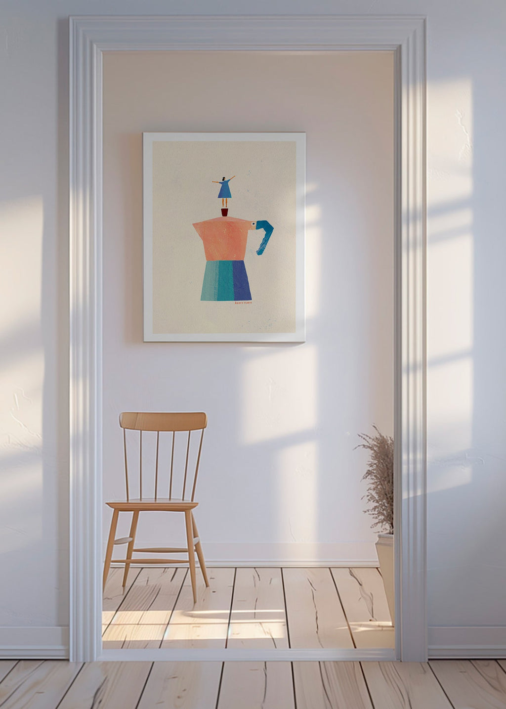 Arte da cucina con moka e figura in equilibrio – Canvas