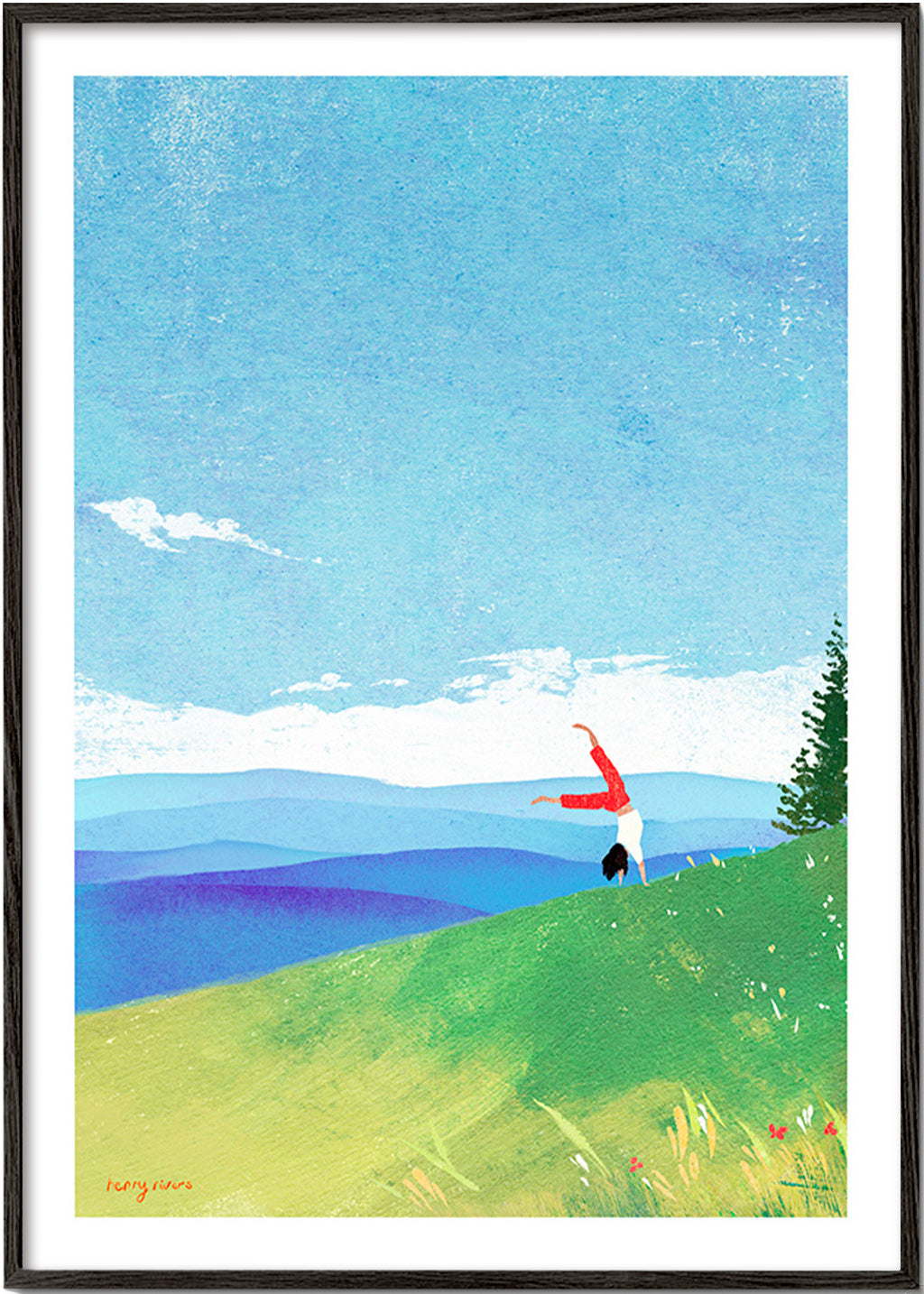 Arte paesaggistica con figura in equilibrio sulla collina – Black Frame