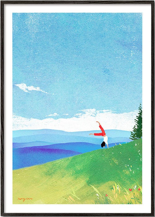 Arte paesaggistica con figura in equilibrio sulla collina – Black Frame