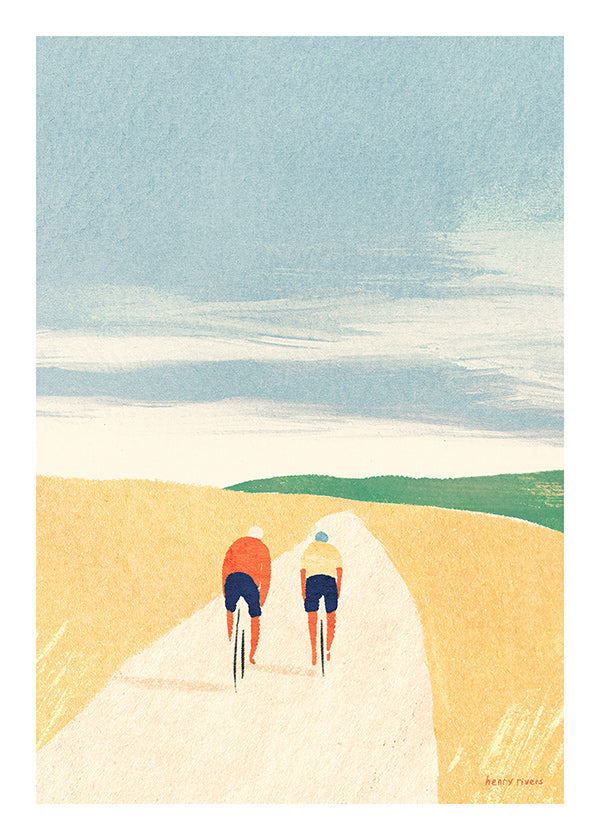 Arte sportiva: due ciclisti in strada di campagna