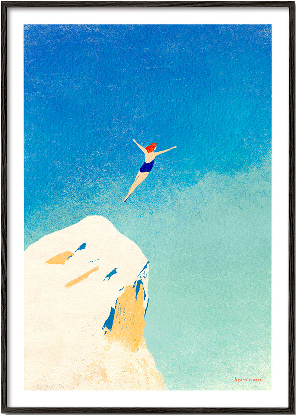 Illustrazione: tuffo dalla scogliera contro il cielo azzurro – Black Frame