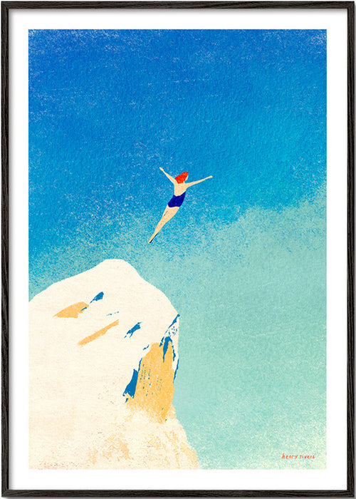 Illustrazione: tuffo dalla scogliera contro il cielo azzurro – Black Frame