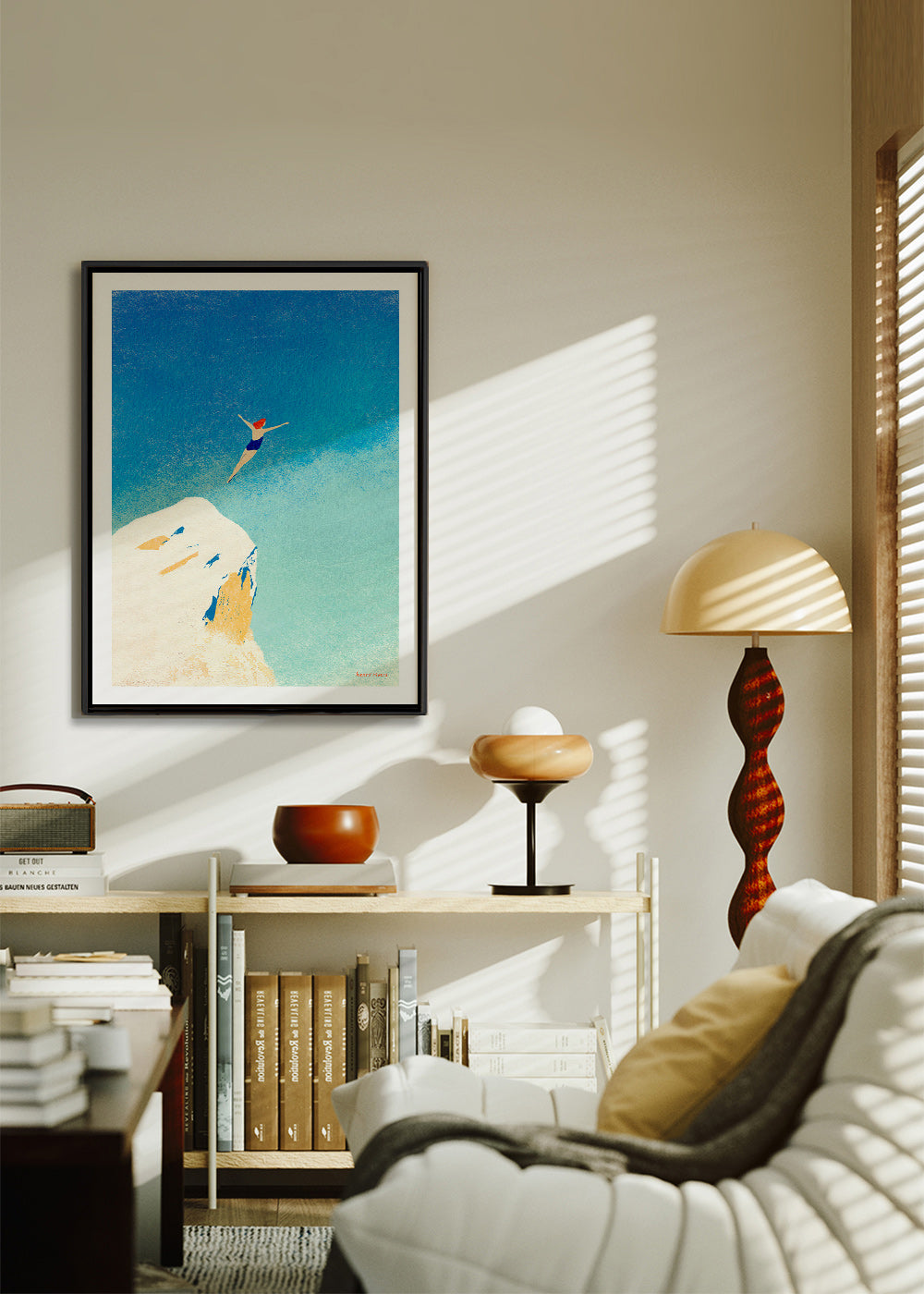 Illustrazione: tuffo dalla scogliera contro il cielo azzurro – Canvas2