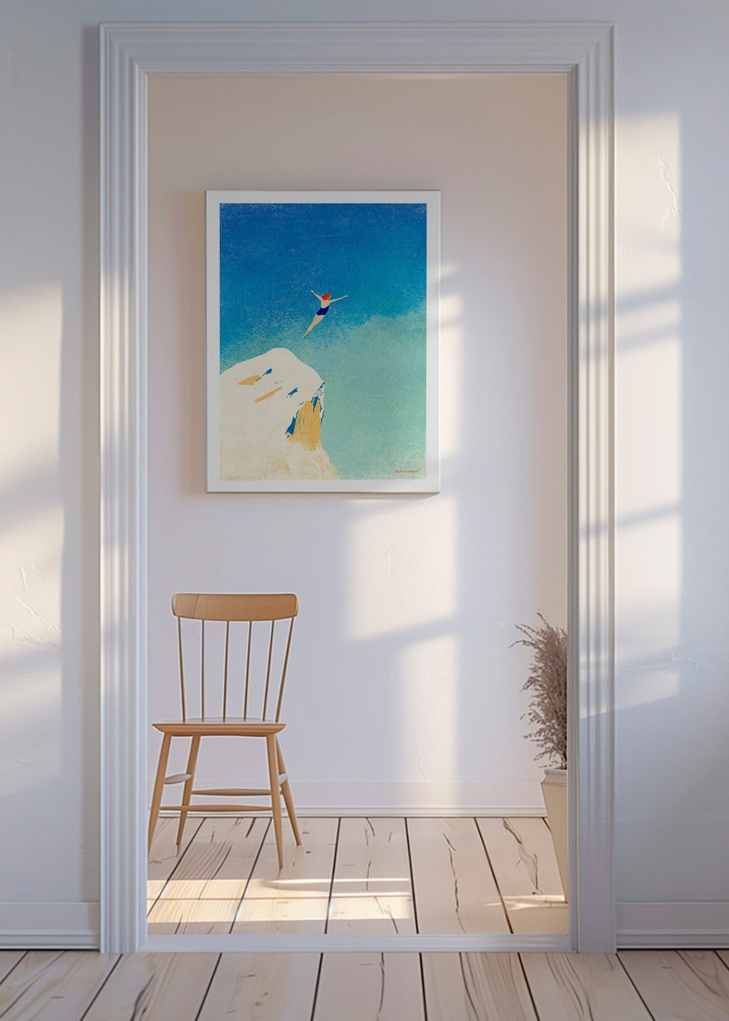 Illustrazione: tuffo dalla scogliera contro il cielo azzurro – Canvas