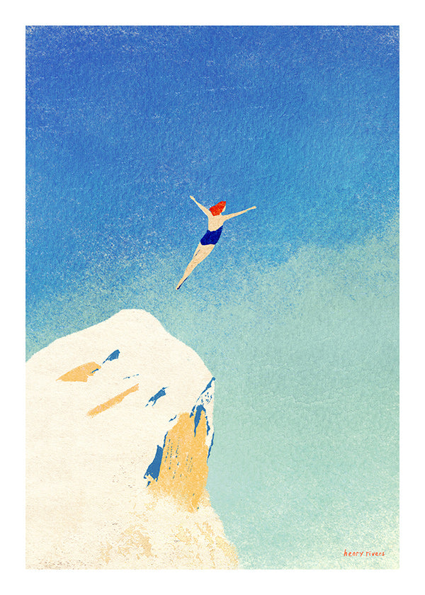 Illustrazione: tuffo dalla scogliera contro il cielo azzurro