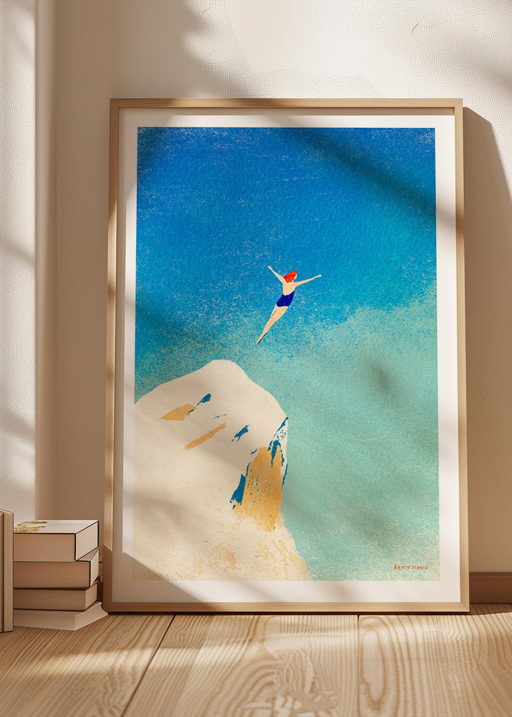 Illustrazione: tuffo dalla scogliera contro il cielo azzurro – Product1