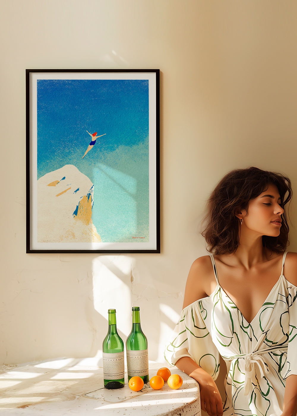 Illustrazione: tuffo dalla scogliera contro il cielo azzurro – Product3