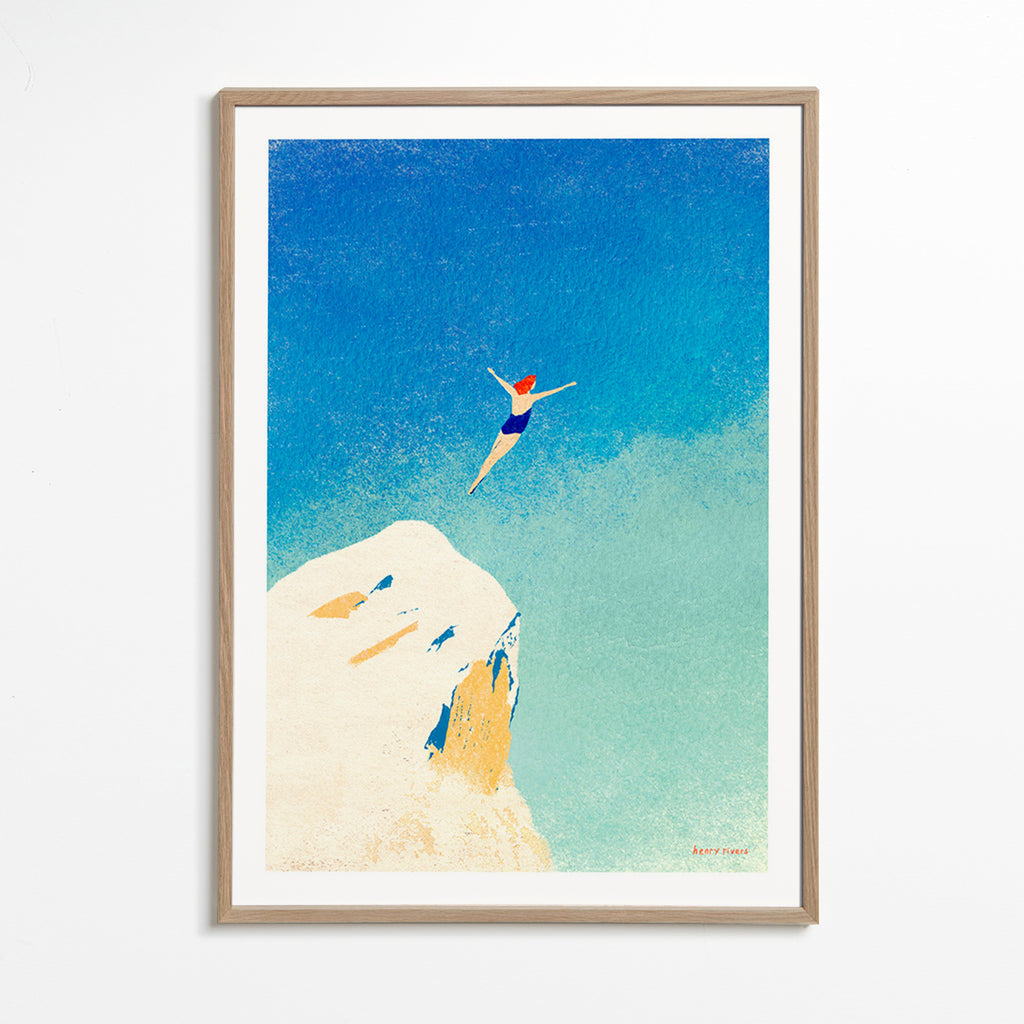 Illustrazione: tuffo dalla scogliera contro il cielo azzurro – Oak Frame