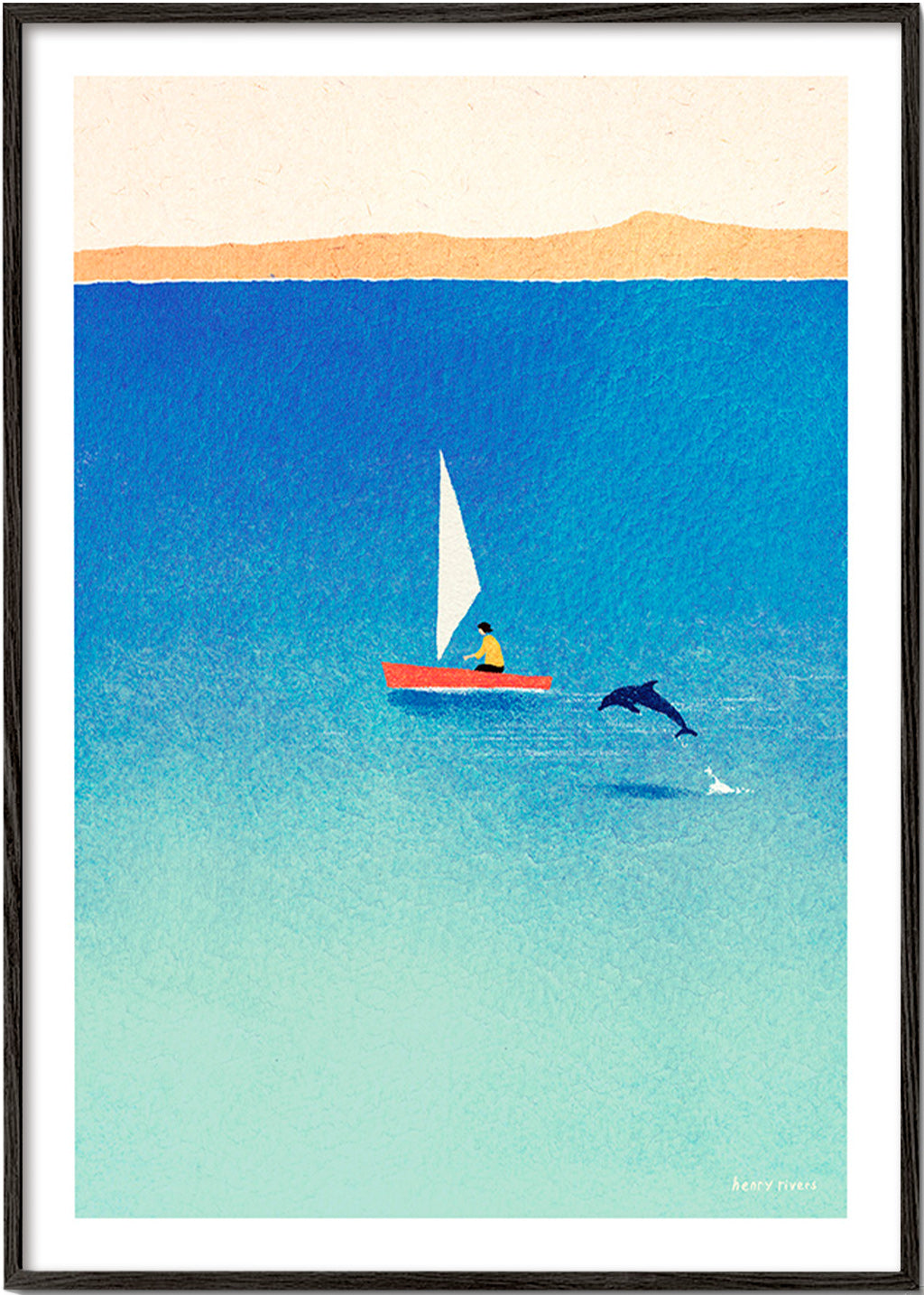 Opera con delfino e veliero in mare blu – Black Frame