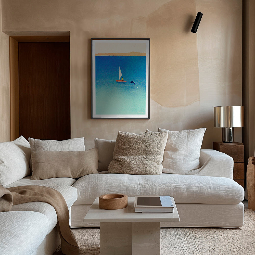 Opera con delfino e veliero in mare blu – Canvas1