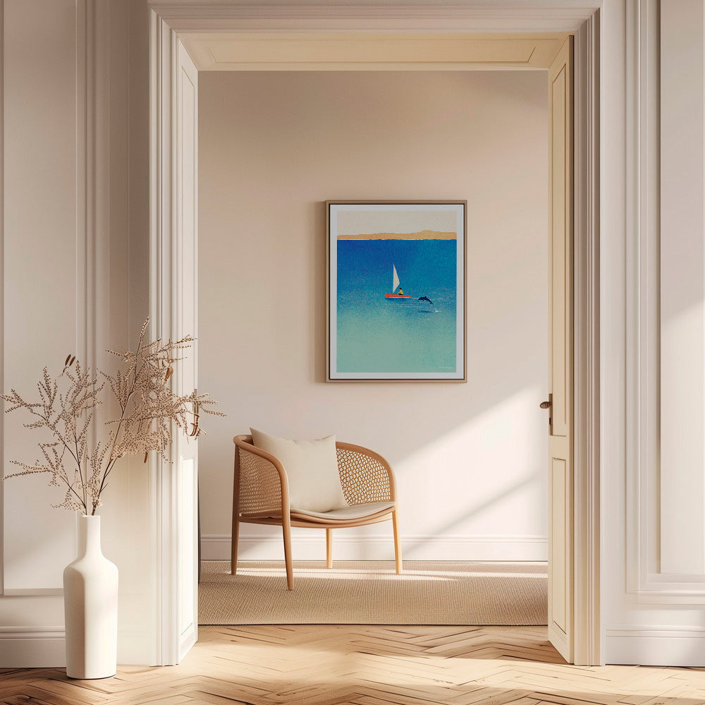 Opera con delfino e veliero in mare blu – Canvas2