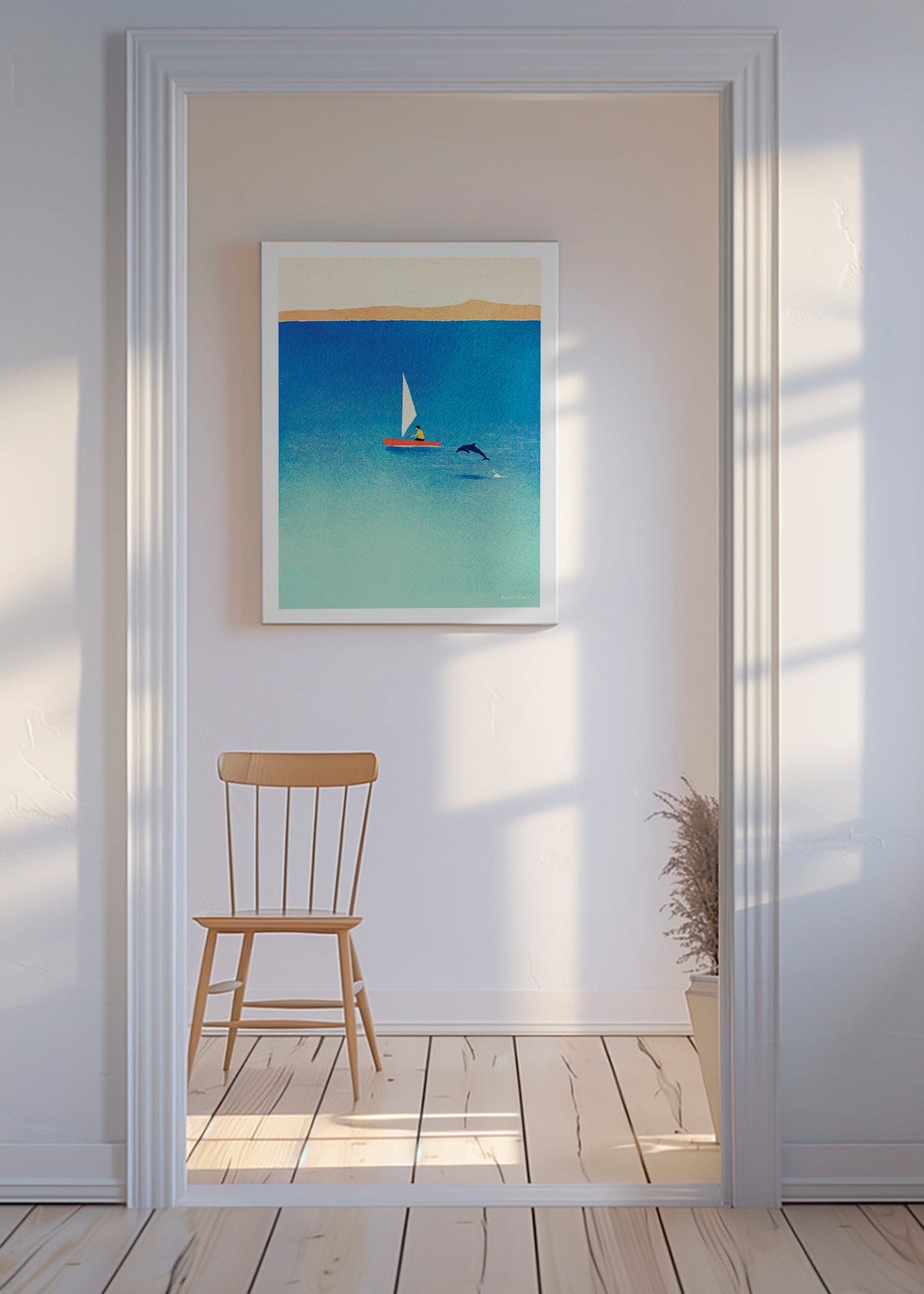 Opera con delfino e veliero in mare blu – Canvas