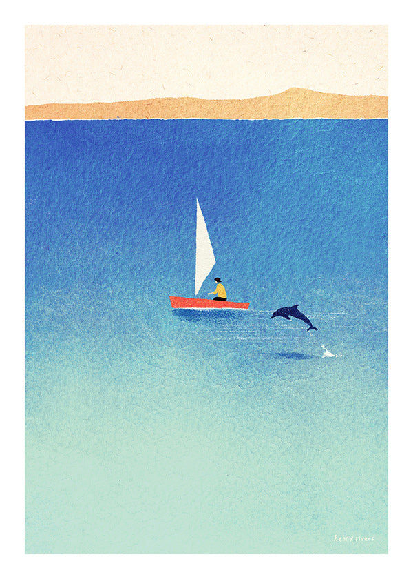 Opera con delfino e veliero in mare blu