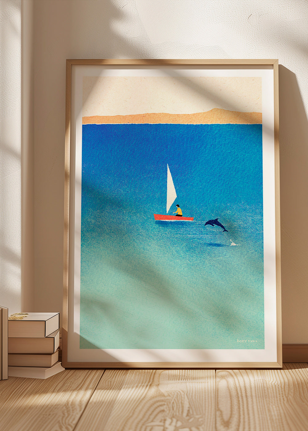 Opera con delfino e veliero in mare blu – Product1