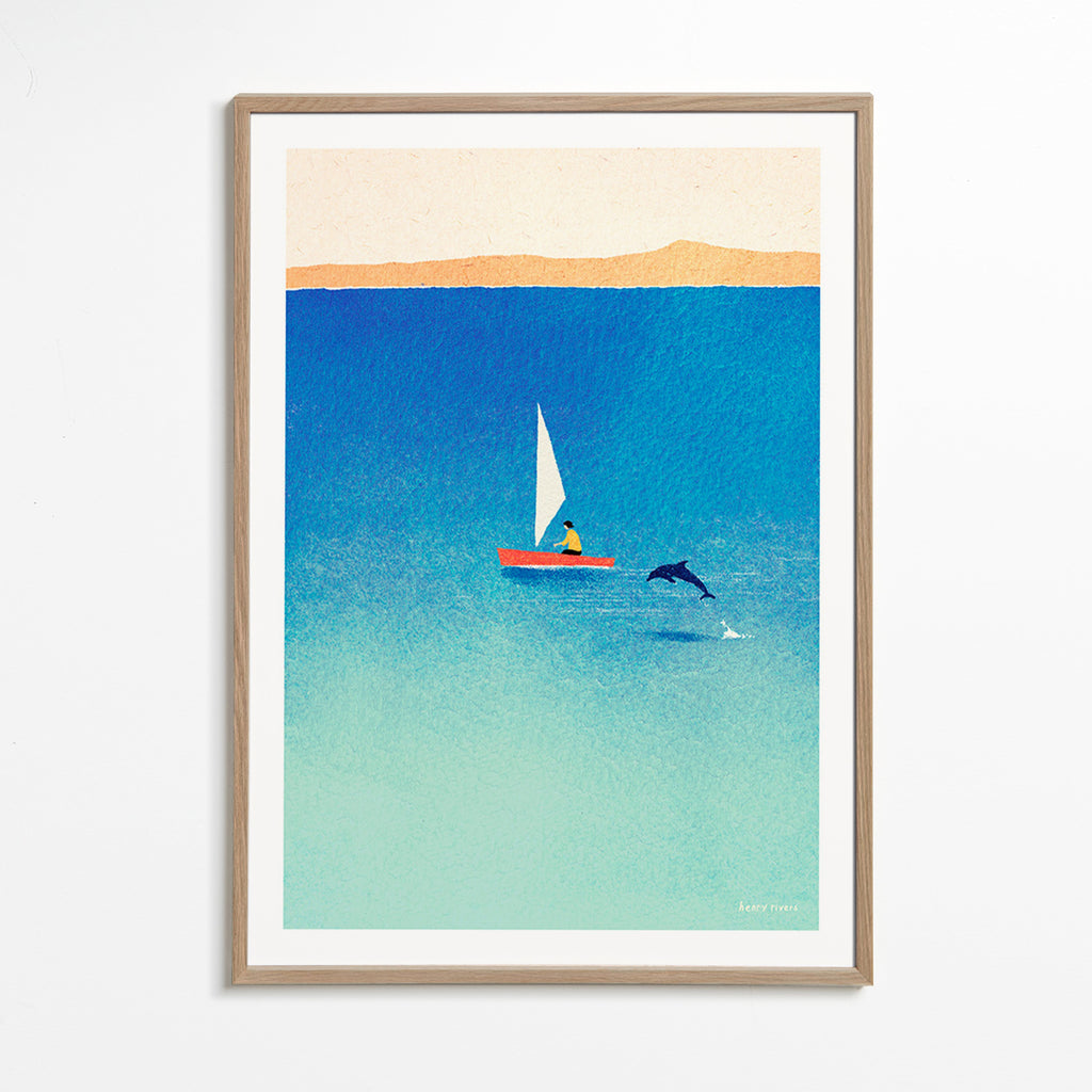 Opera con delfino e veliero in mare blu – Oak Frame