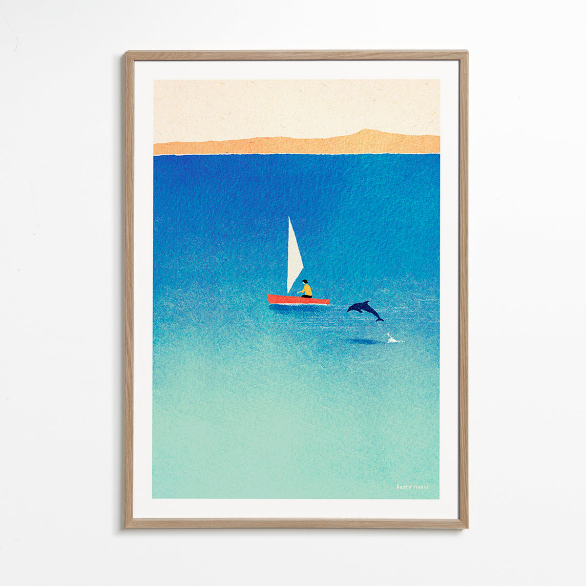 Opera con delfino e veliero in mare blu – Oak Frame