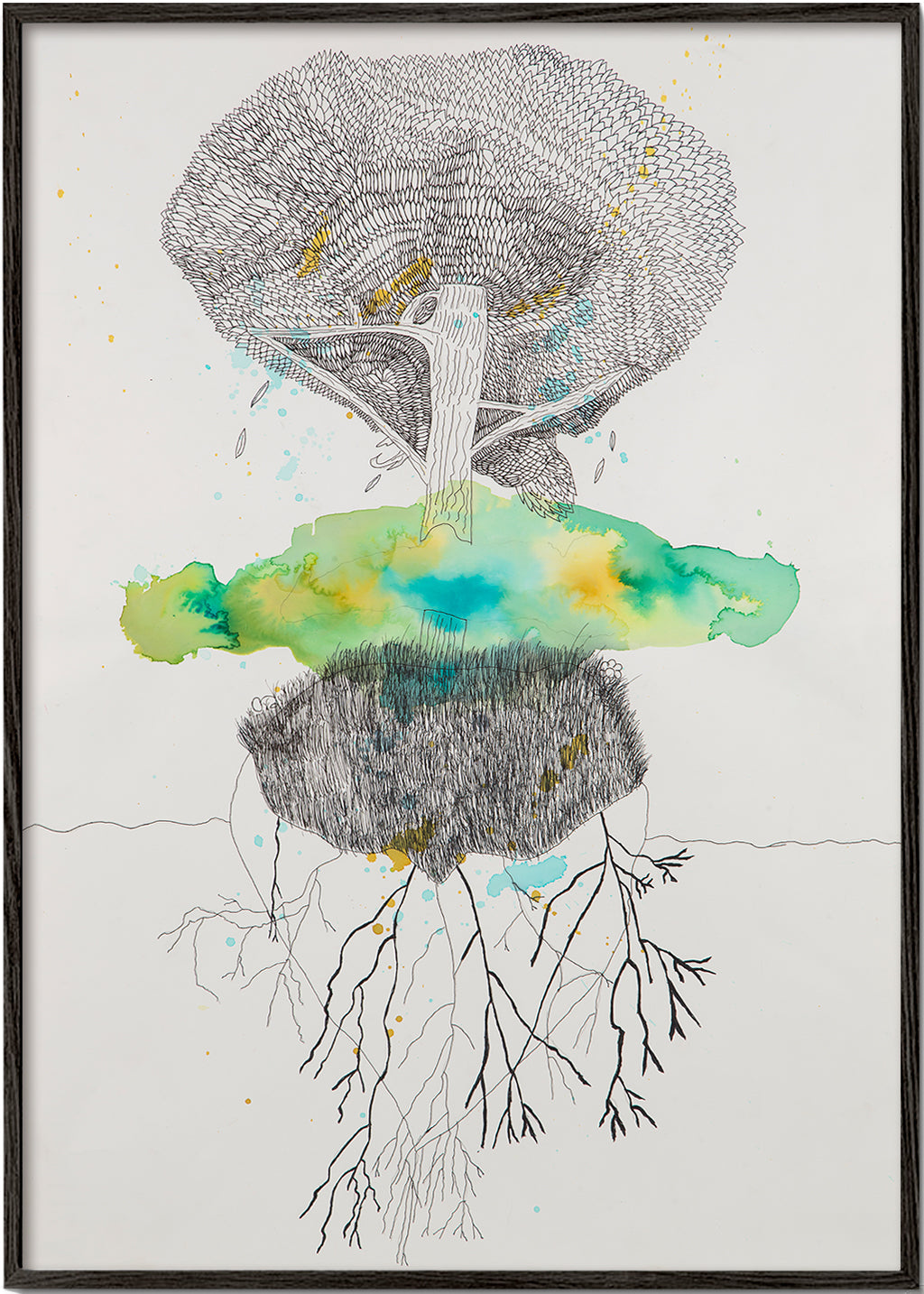 Stampa botanica albero e radici in inchiostro e acquerello – Black Frame