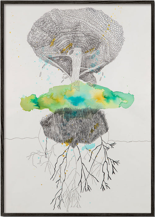 Stampa botanica albero e radici in inchiostro e acquerello – Black Frame