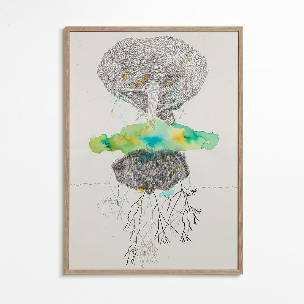 Stampa botanica albero e radici in inchiostro e acquerello – Oak Frame