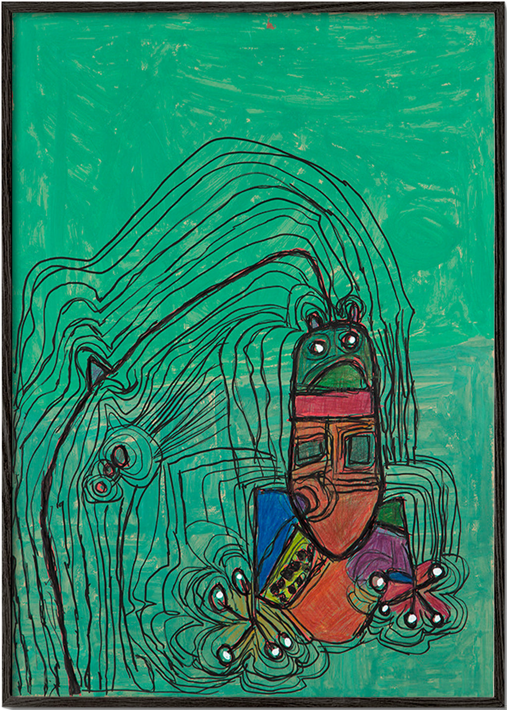 Illustrazione giocosa con figura su fondo verde – Black Frame