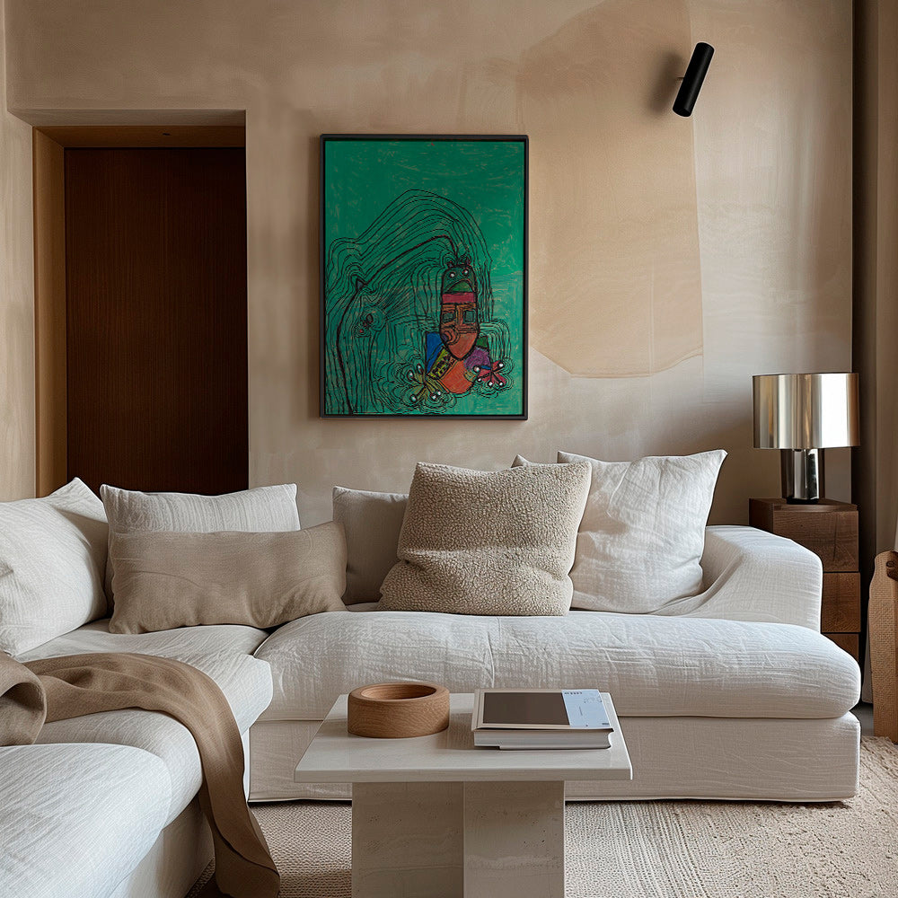 Illustrazione giocosa con figura su fondo verde – Canvas1