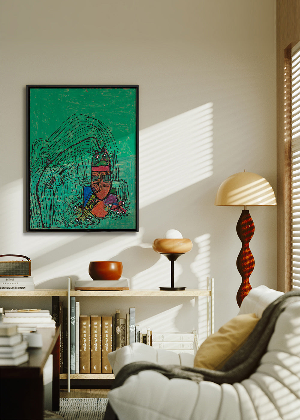 Illustrazione giocosa con figura su fondo verde – Canvas2