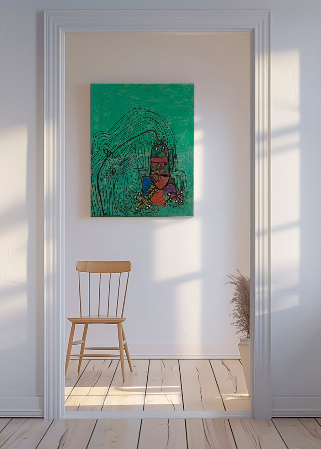 Illustrazione giocosa con figura su fondo verde – Canvas