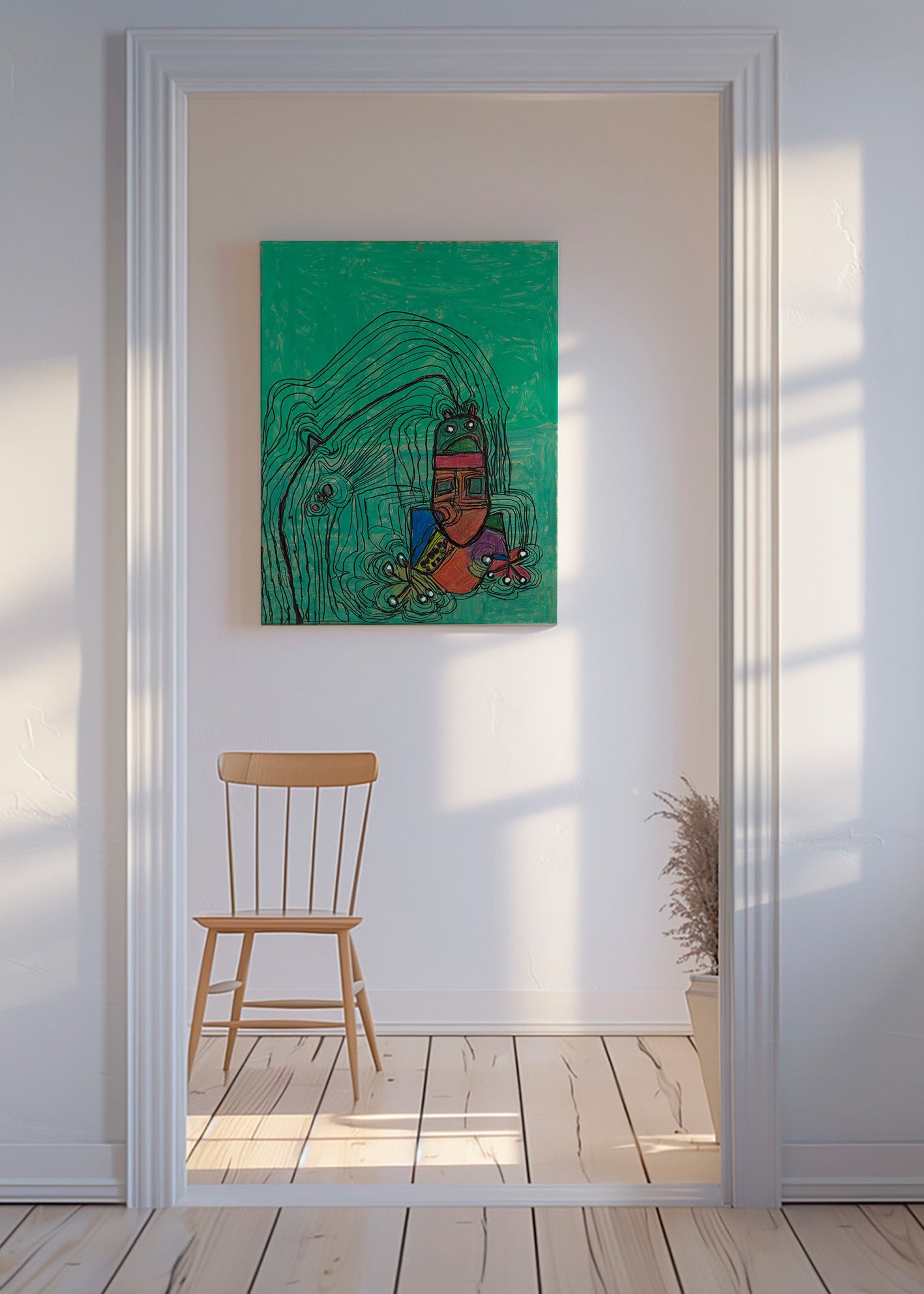 Illustrazione giocosa con figura su fondo verde – Canvas