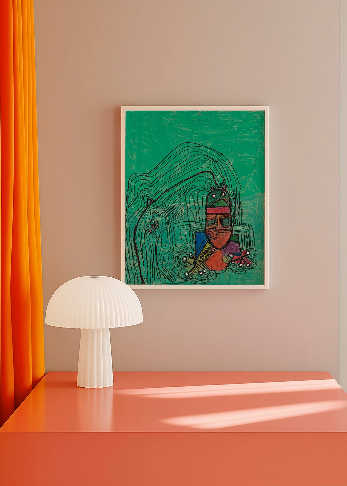Illustrazione giocosa con figura su fondo verde – Product1
