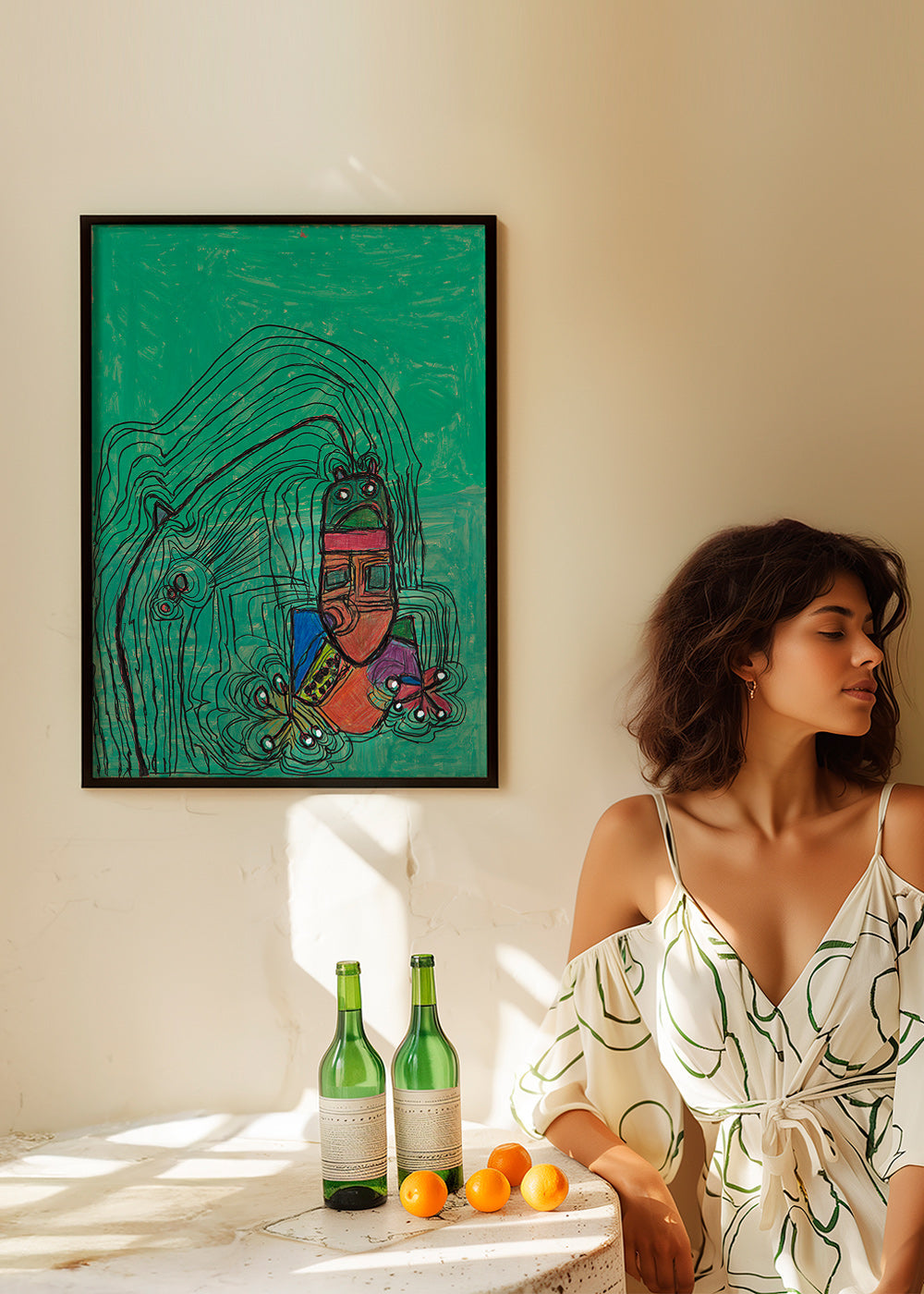 Illustrazione giocosa con figura su fondo verde – Product2