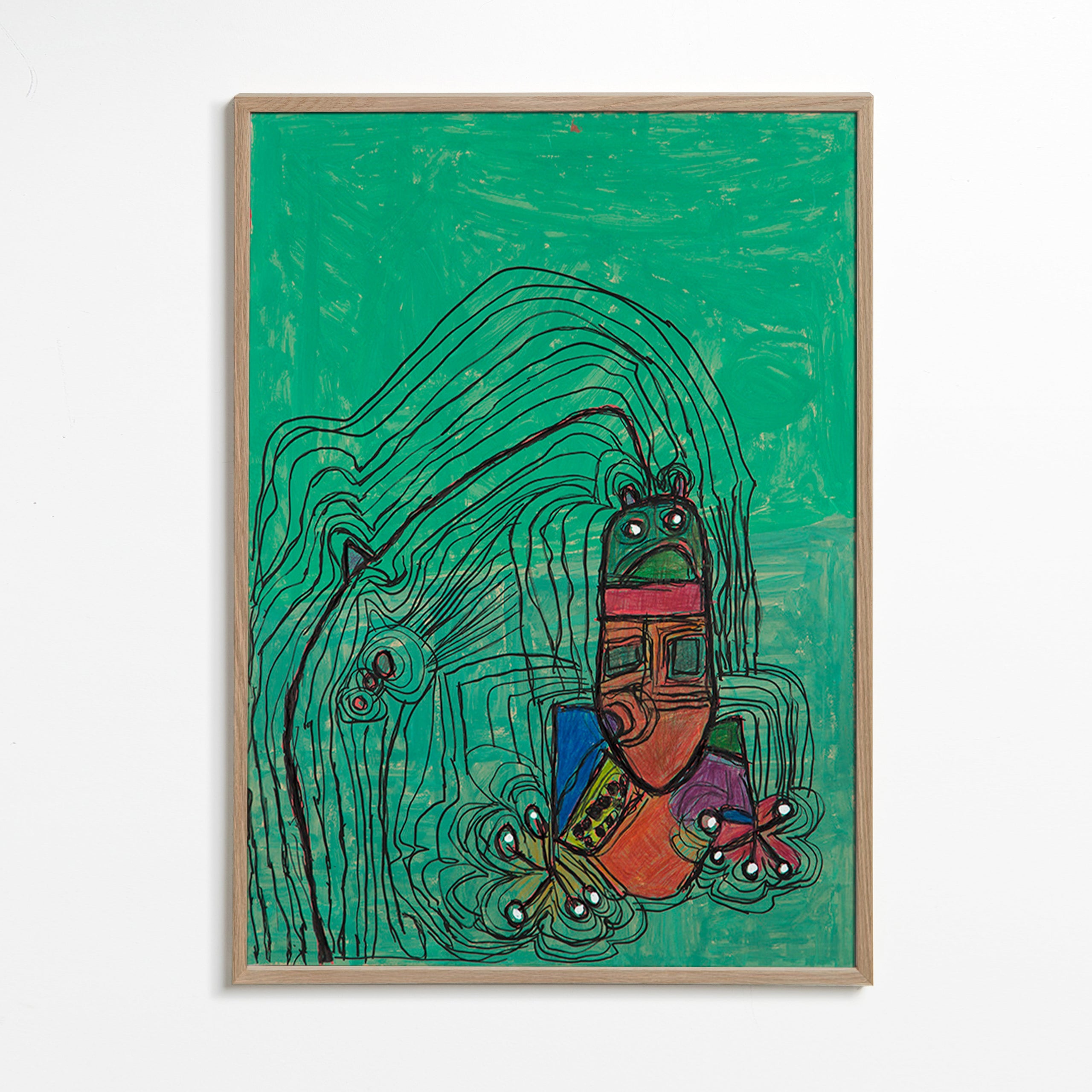 Illustrazione giocosa con figura su fondo verde – Oak Frame
