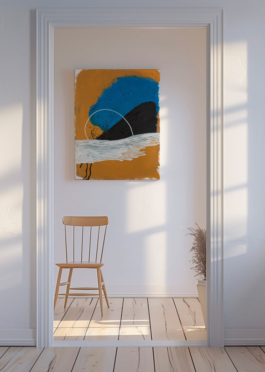Quadro astratto arco costiero in ocra e blu – Canvas