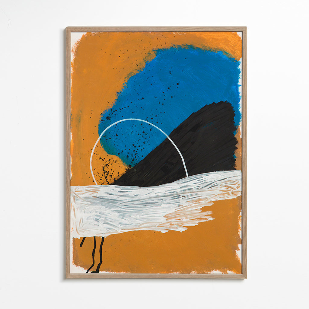 Quadro astratto arco costiero in ocra e blu – Oak Frame