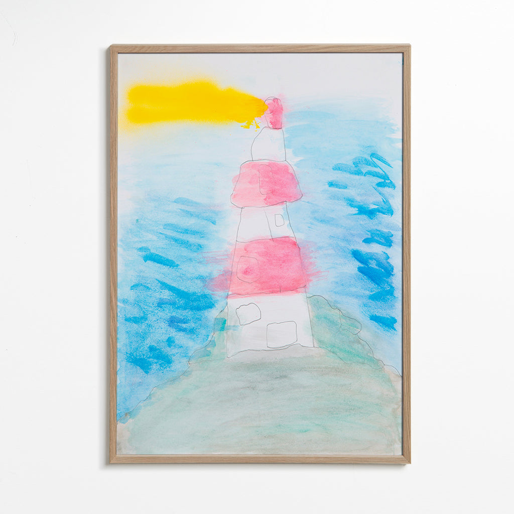 Arte paesaggistica: faro ad acquerello – Oak Frame