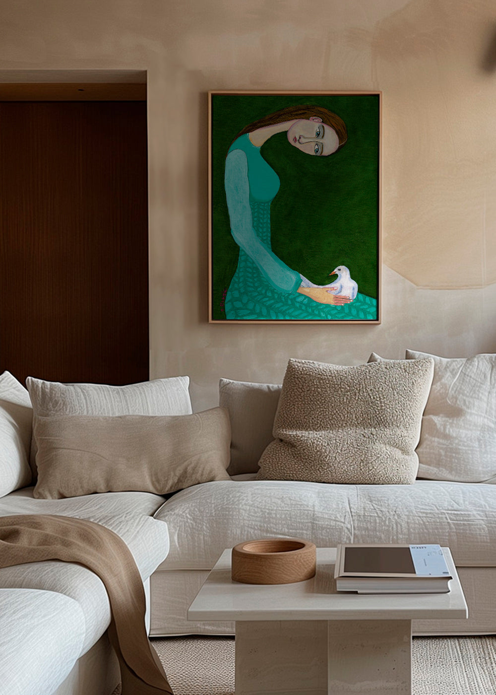 Lady sitting with white dove bird woman - Sharyn Bursic 